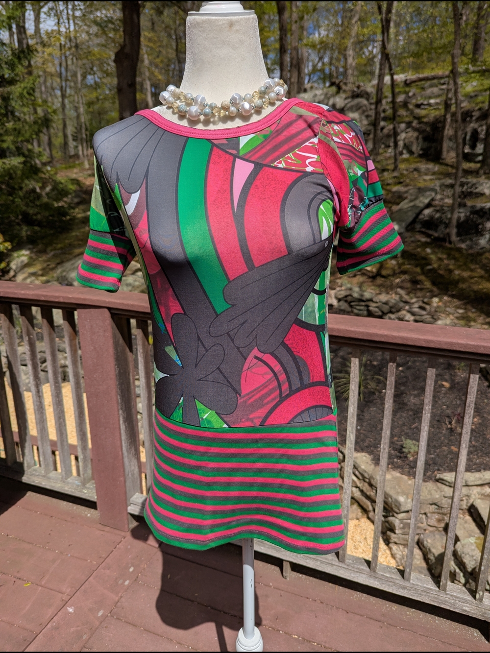 Women’s Multicolor Graphic Stripe Blouse - Green Pink